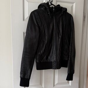 Y2K Bloomingdale’s Aqua Black Leather Hoodie Jacket S